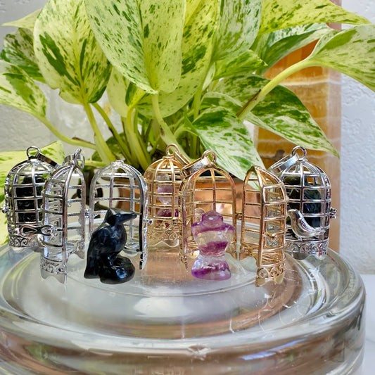 Bird Cage Pendant with Crystal Raven - 1.2 inch - Copper
