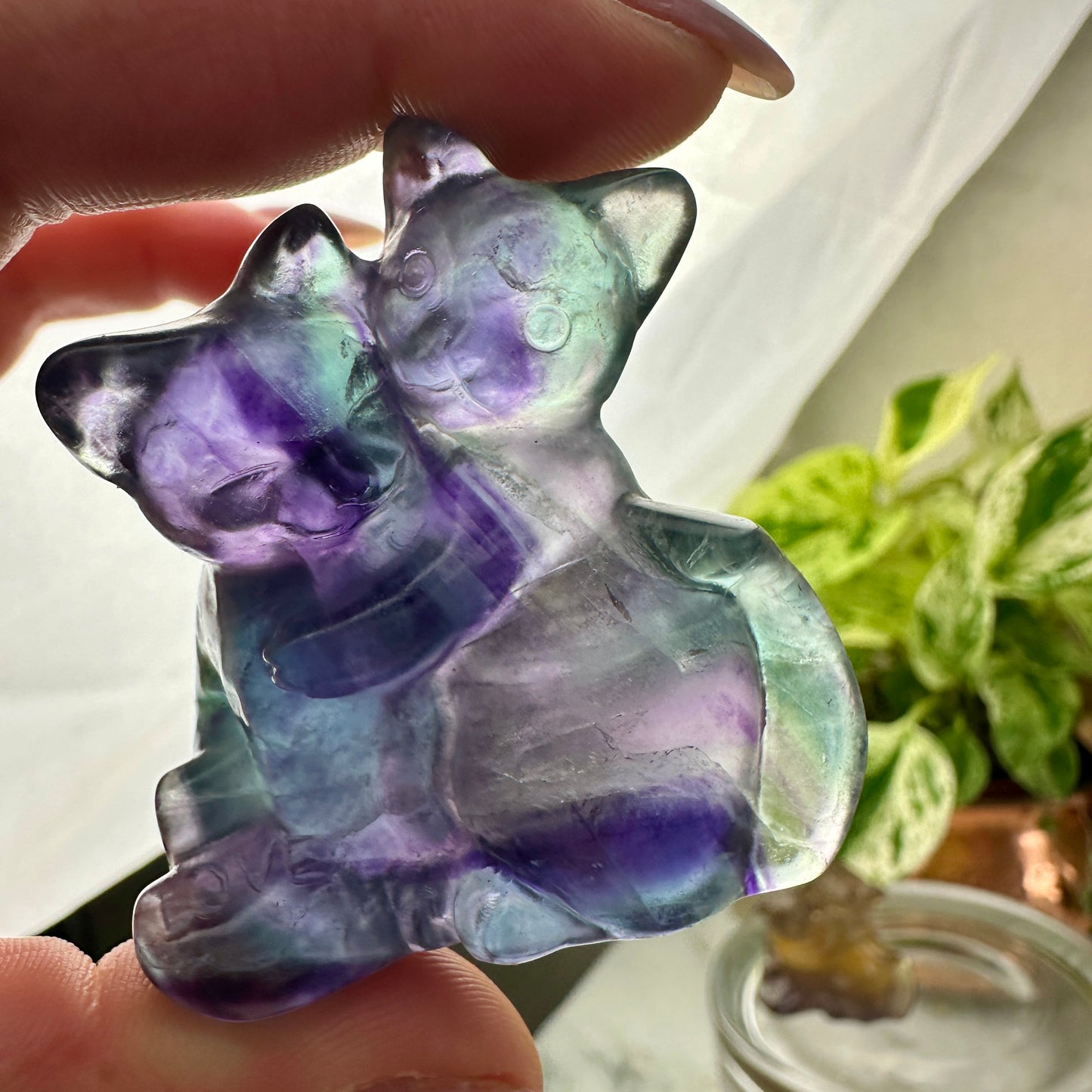 Fluorite Hugging Cats — 2 Inch “Love” Carving