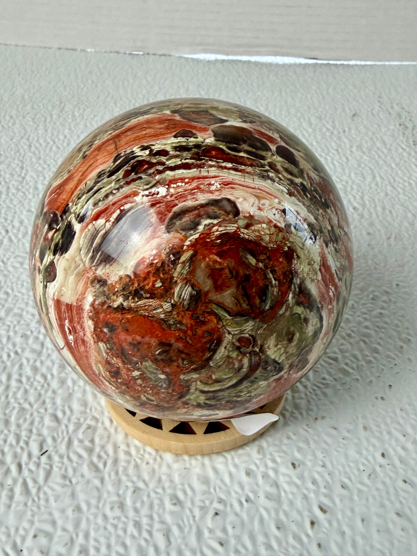Natural Money Agate Sphere (674g) – Statement Orbicular Crystal Ball with Red Jasper Accents