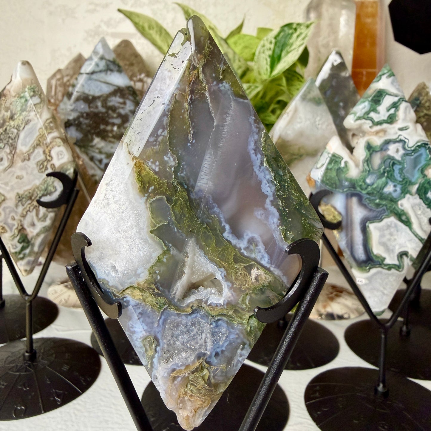Moss Agate Rhombus with Stand - Imperfect