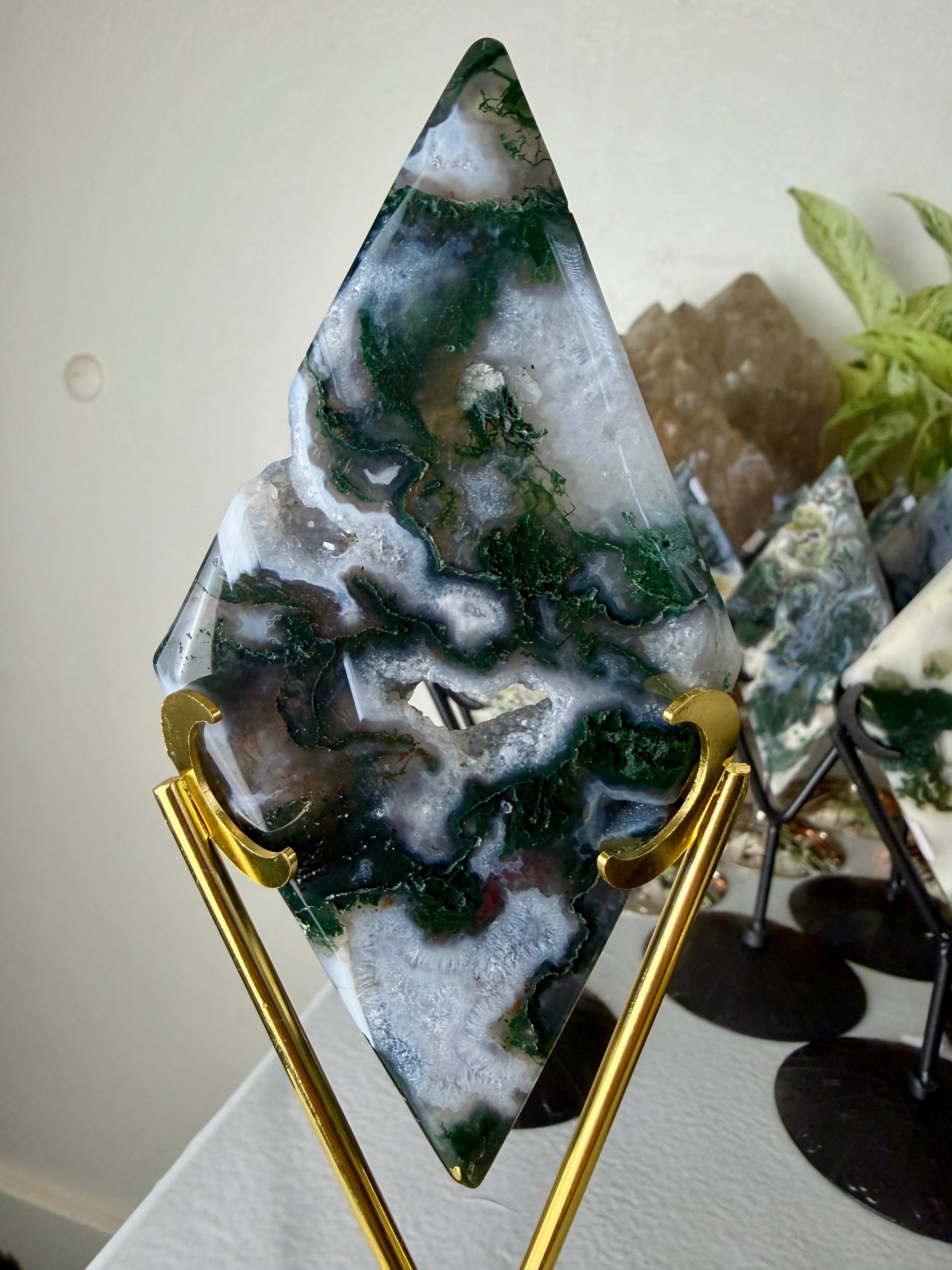 Moss Agate Rhombus with Stand - Imperfect