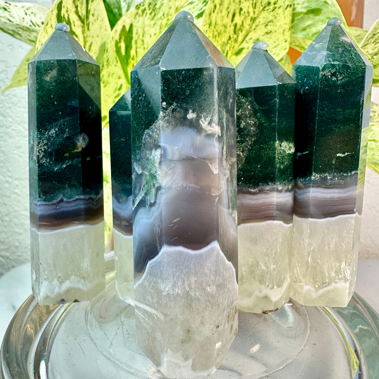Moss Agate Points (with Quartz & Agate Layers) — 3 to 3.6 inch
Growth | Stability | Earth Connection