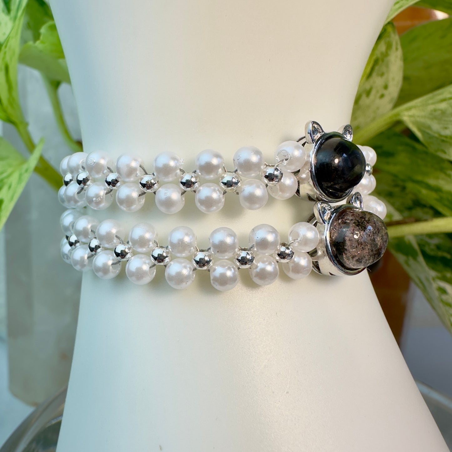 Cat Charm Bracelet — Faux Pearl with Natural Garden Quartz or Hypersthene
Whimsy | Protection | Inner Vision