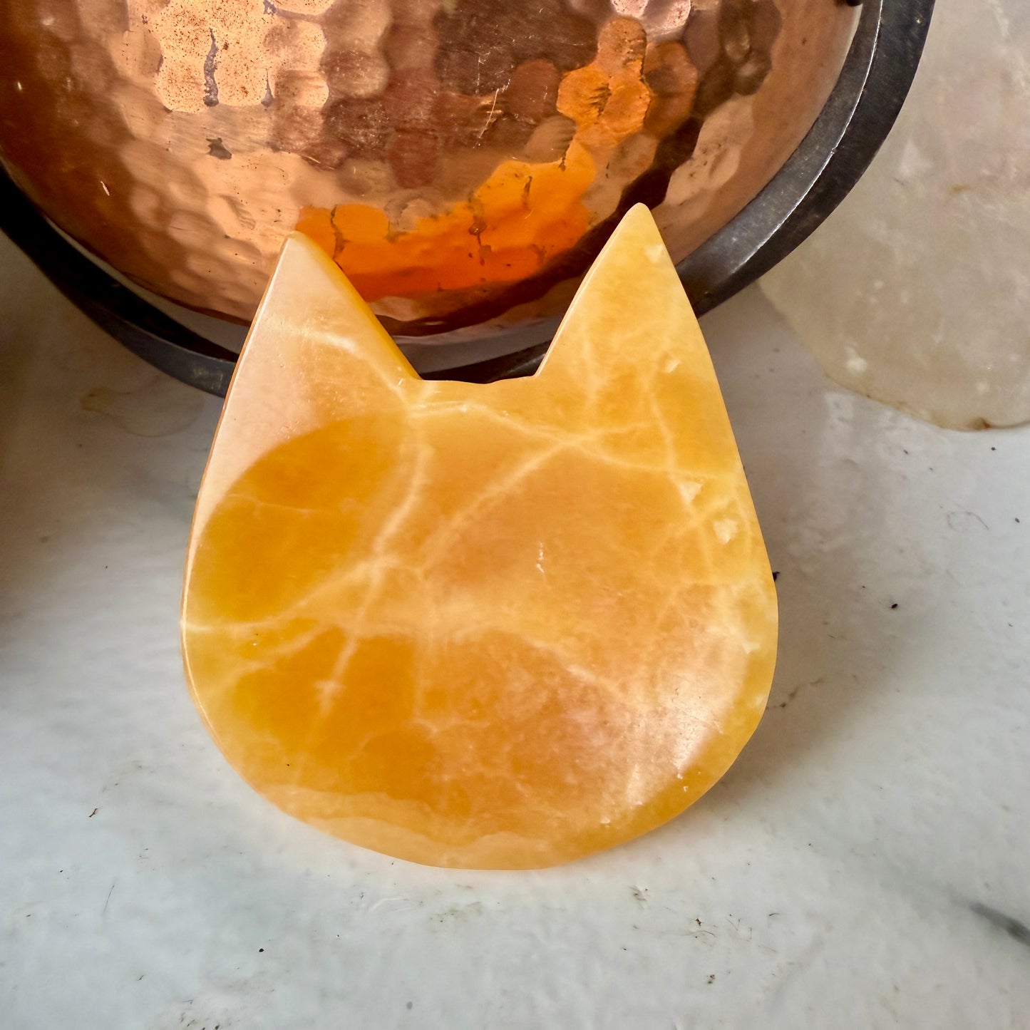 Polished Orange Calcite Cat Head Dish – Crystal Decor, Spiritual Energy, Jewelry Holder, Meditation Altar Accent