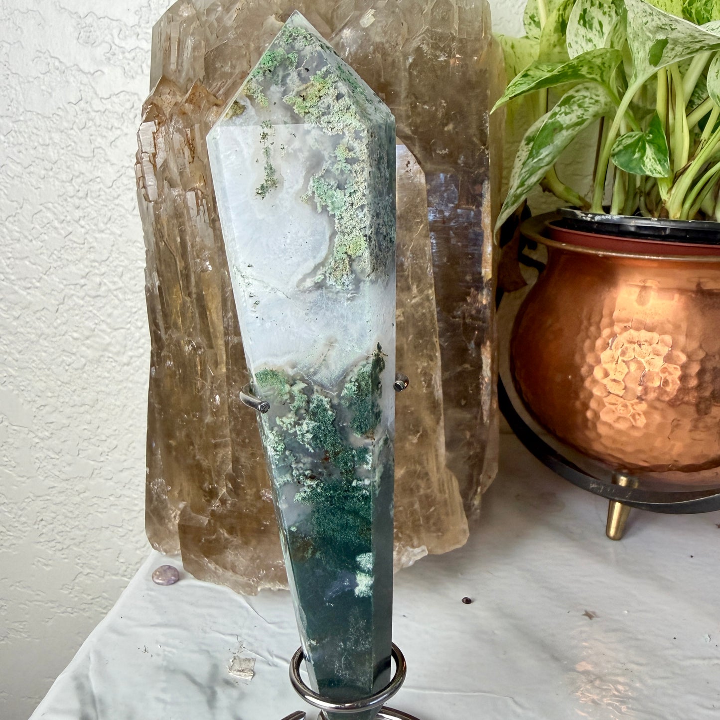 Intuitive Pick Moss Agate Wands with Stands