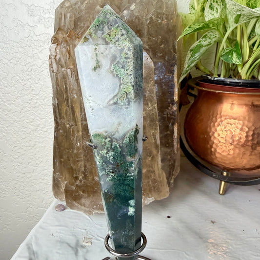 Intuitive Pick Moss Agate Wands with Stands