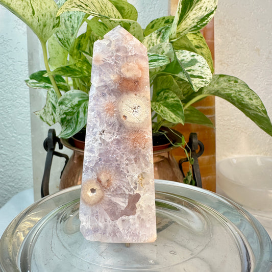 Amethyst Flower Agate Tower — 3.5 Inches
Spiritual Bloom • Tranquility • Feminine Energy