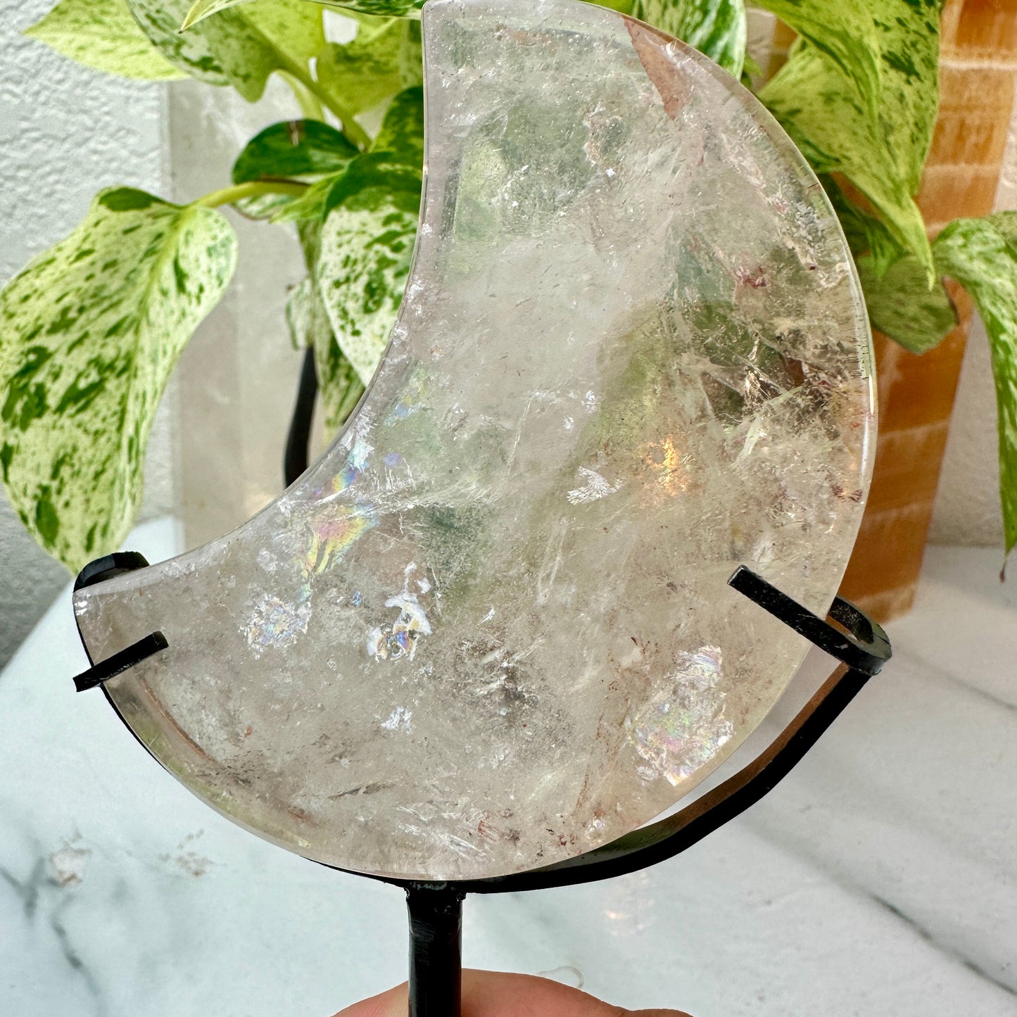 Hematite-Included Quartz Crescent Moons on Custom Stands
🌙 Celestial Beauty • Energy Amplifier • Rainbow Light Codes