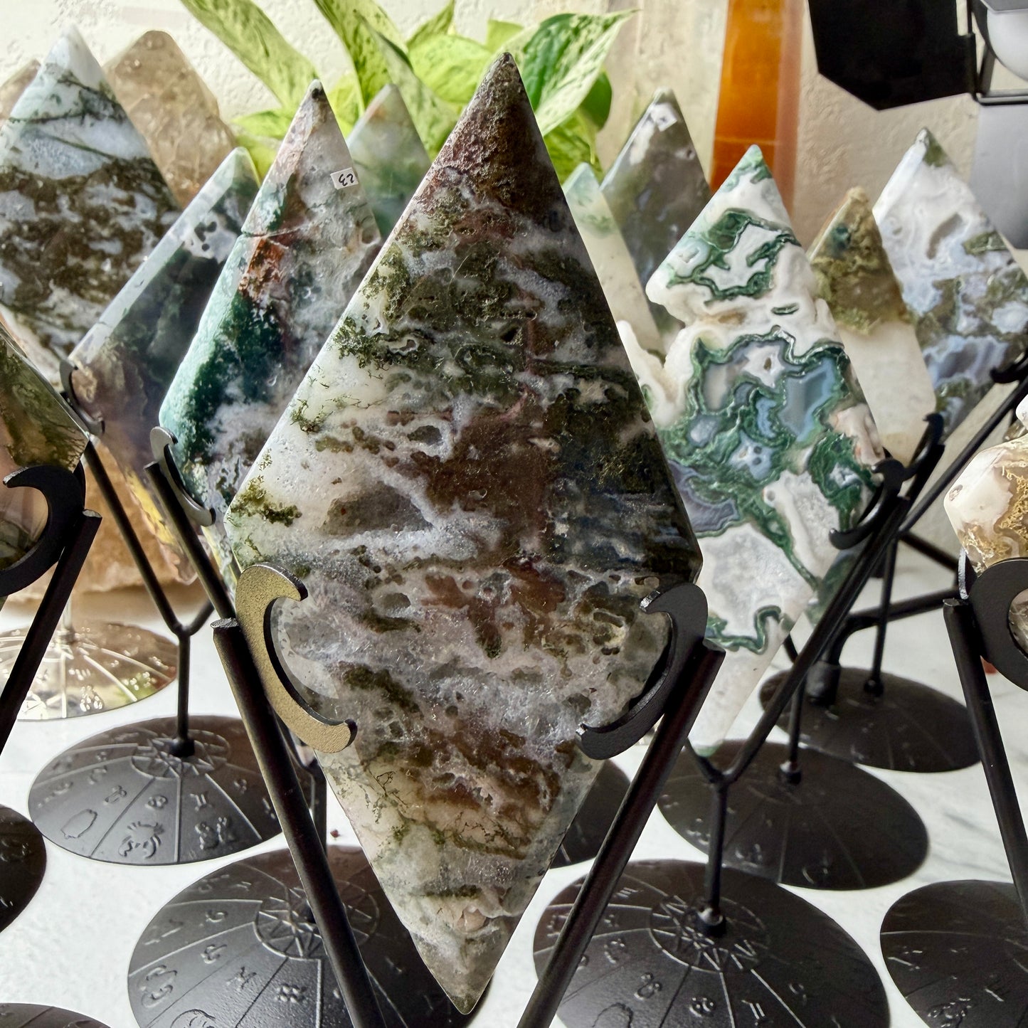 Moss Agate Rhombus with Stand - Imperfect
