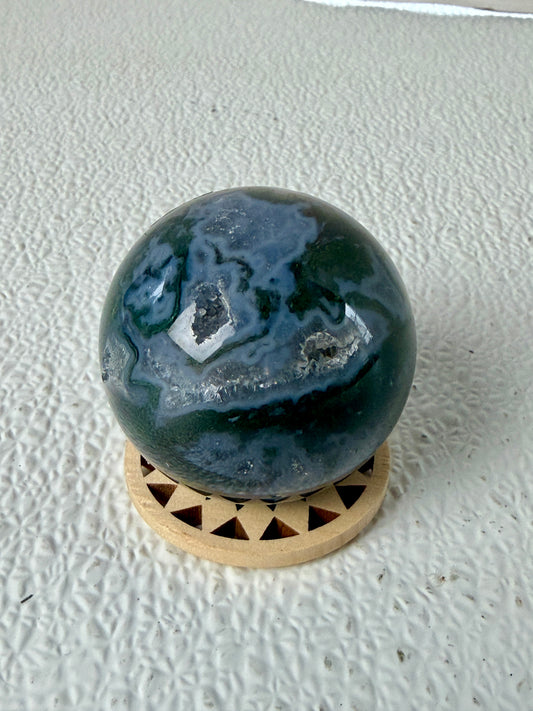 Dark Forest Moss Agate Sphere (220g) – Deep Evergreen Chlorite Inclusions with Sparkling Druzy Vugs