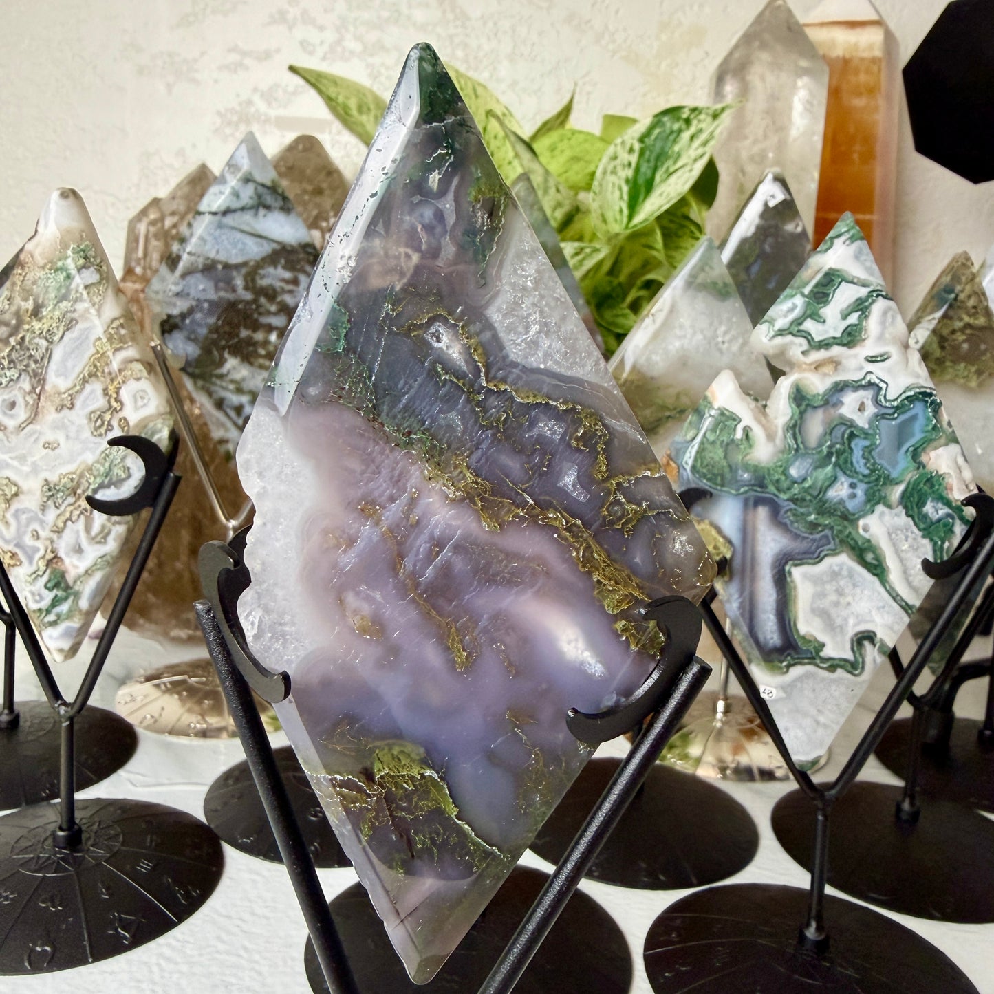 Moss Agate Rhombus with Stand - Imperfect