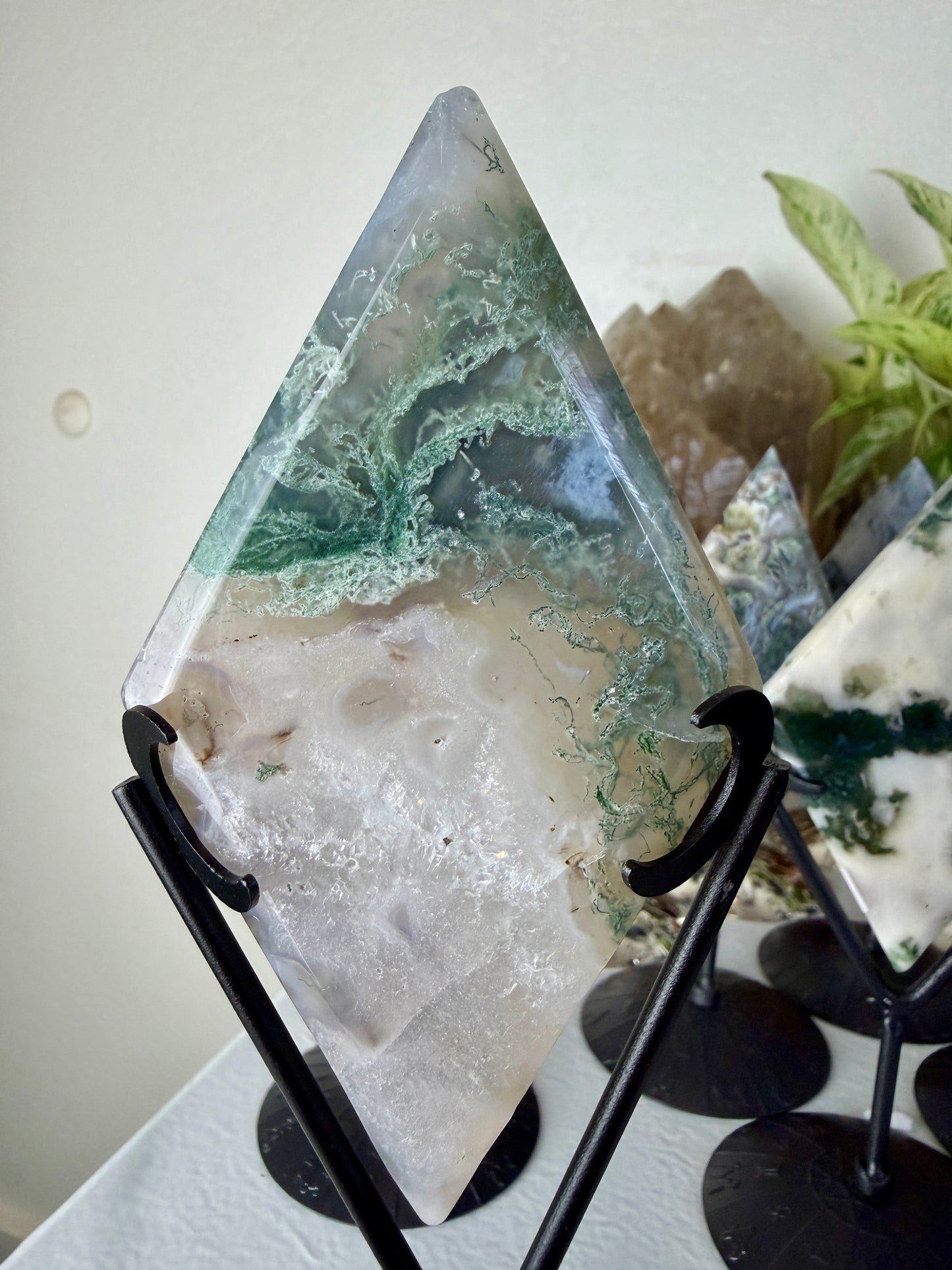 Moss Agate Rhombus with Stand - Imperfect