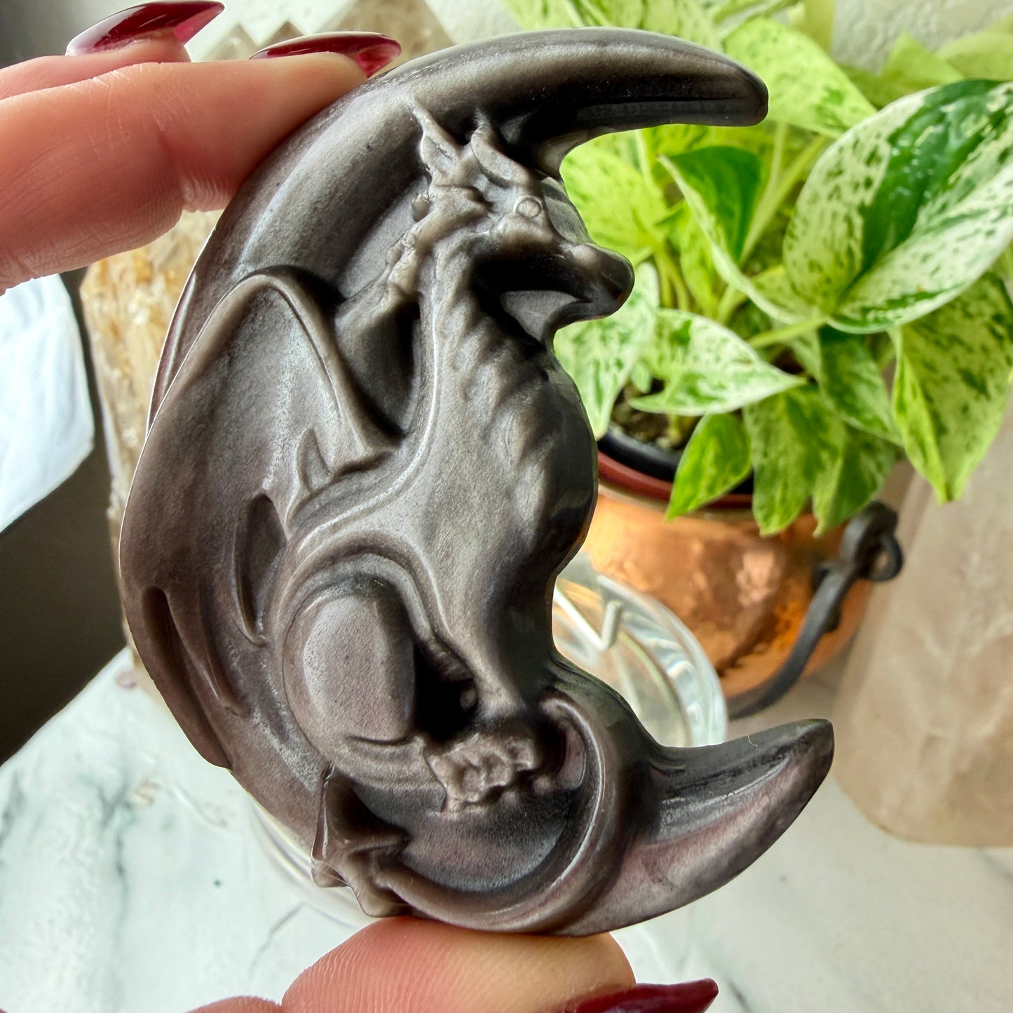 Silver Obsidian Dragon with Crescent Moon Carving - 74g Unique Piece