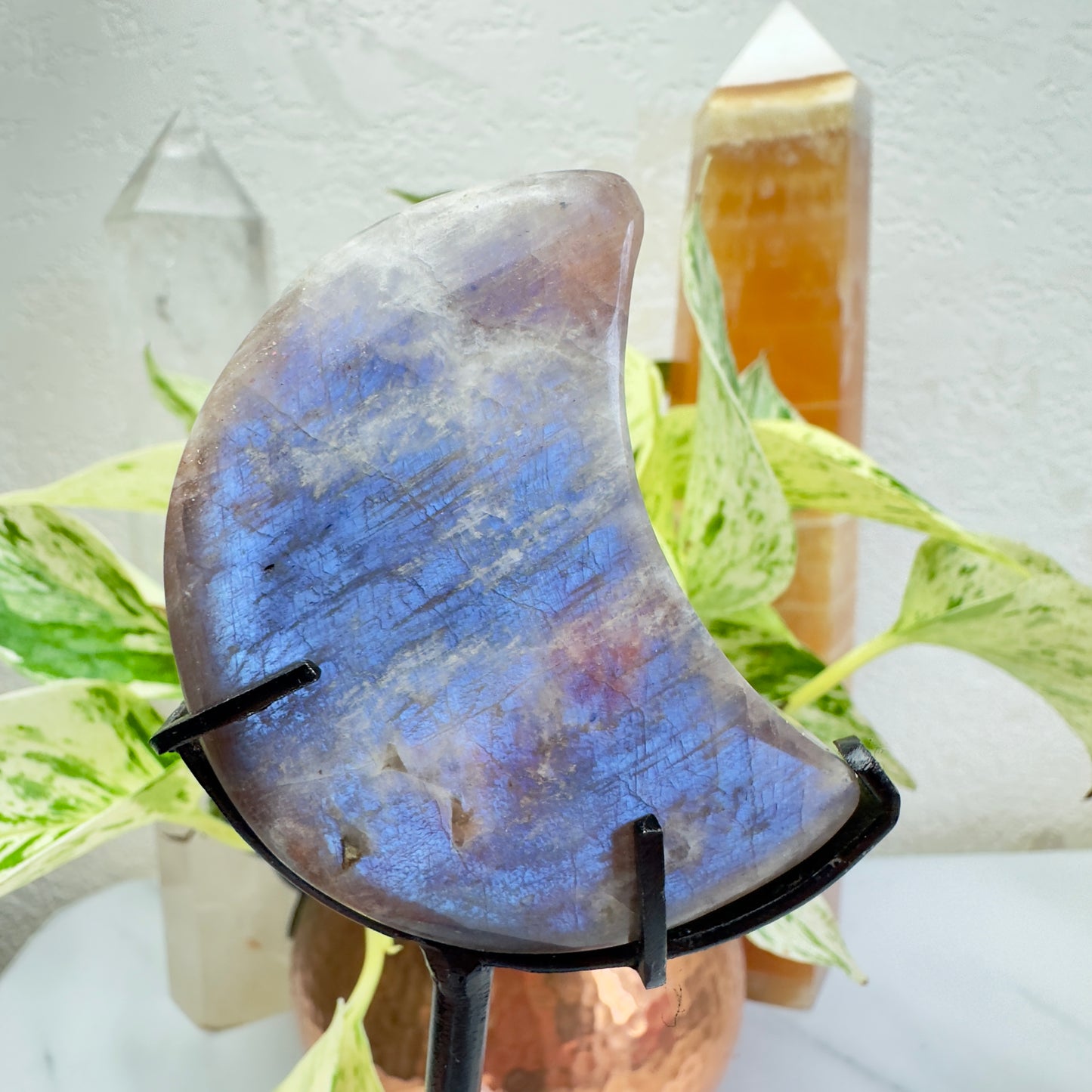 Belomorite Moonstone Crystal Crescent Moons - Custom Stands Included