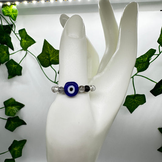 Tourmalinated Quartz Evil Eye Bead Ring - Katie's Mystic Crystals
