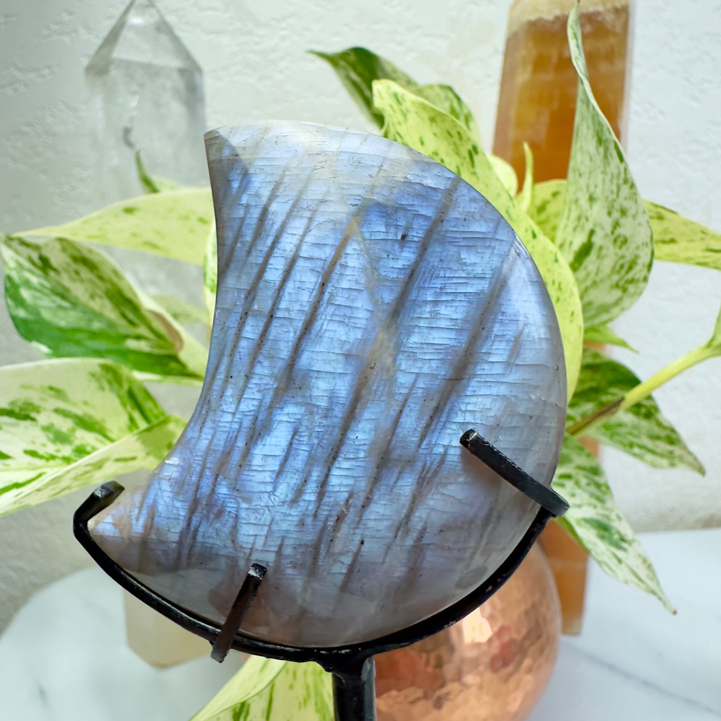 Belomorite Moonstone Crystal Crescent Moons - Custom Stands Included
