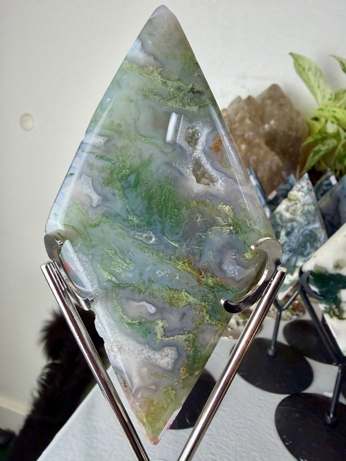 Moss Agate Rhombus with Stand - Imperfect