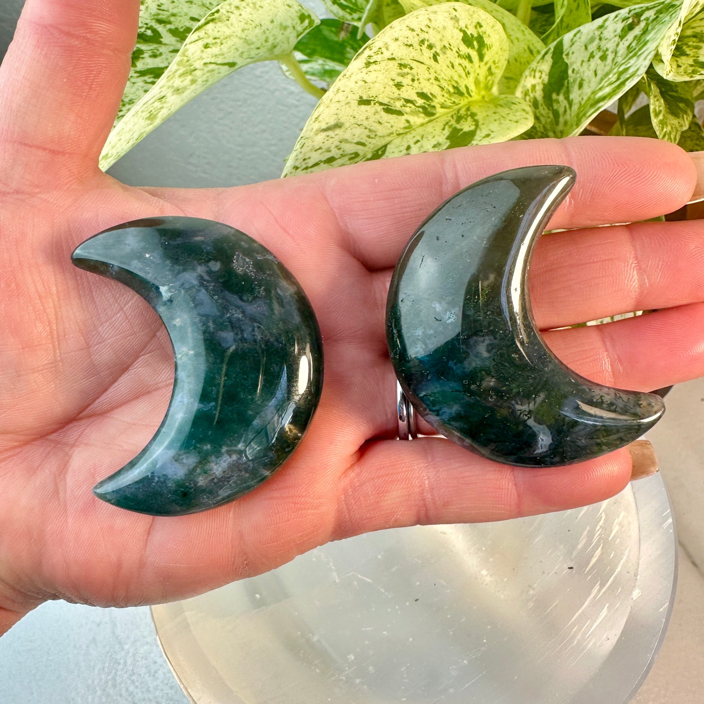 Moss Agate Crescent Moon — 2 Inches Tall
Earth Magic • Growth • Connection to Nature