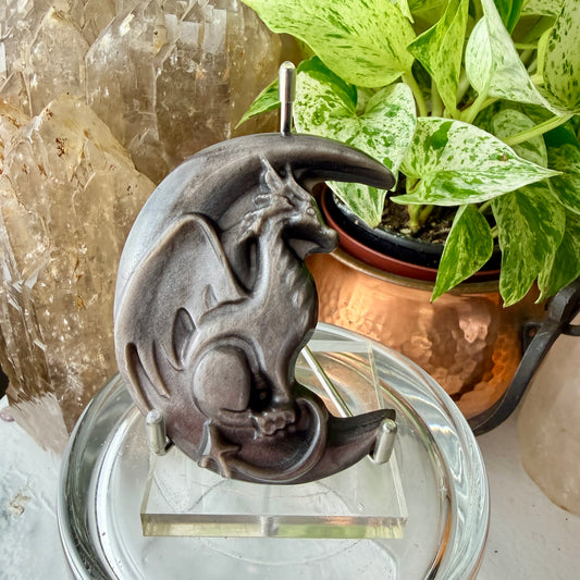 Silver Obsidian Dragon with Crescent Moon Carving - 74g Unique Piece