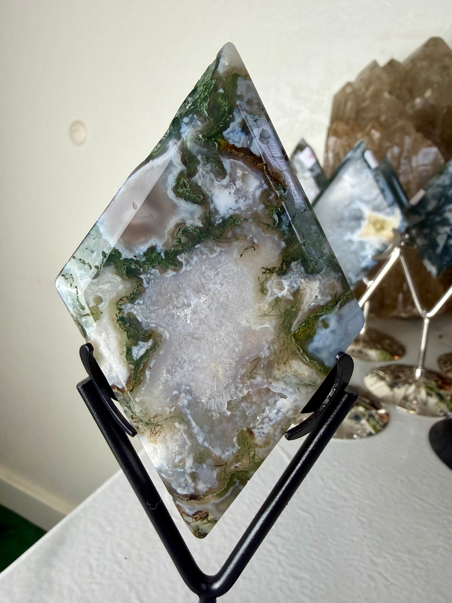Moss Agate Rhombus with Stand - Imperfect