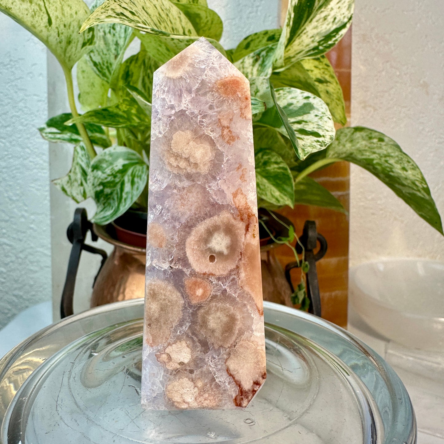 Amethyst Flower Agate Tower — 3.5 Inches
Spiritual Bloom • Tranquility • Feminine Energy