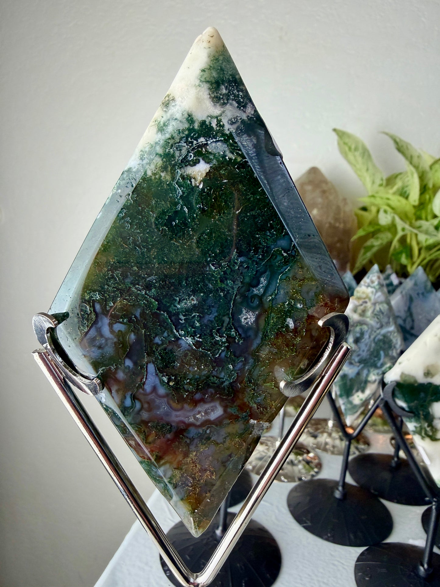 Moss Agate Rhombus with Stand - Imperfect