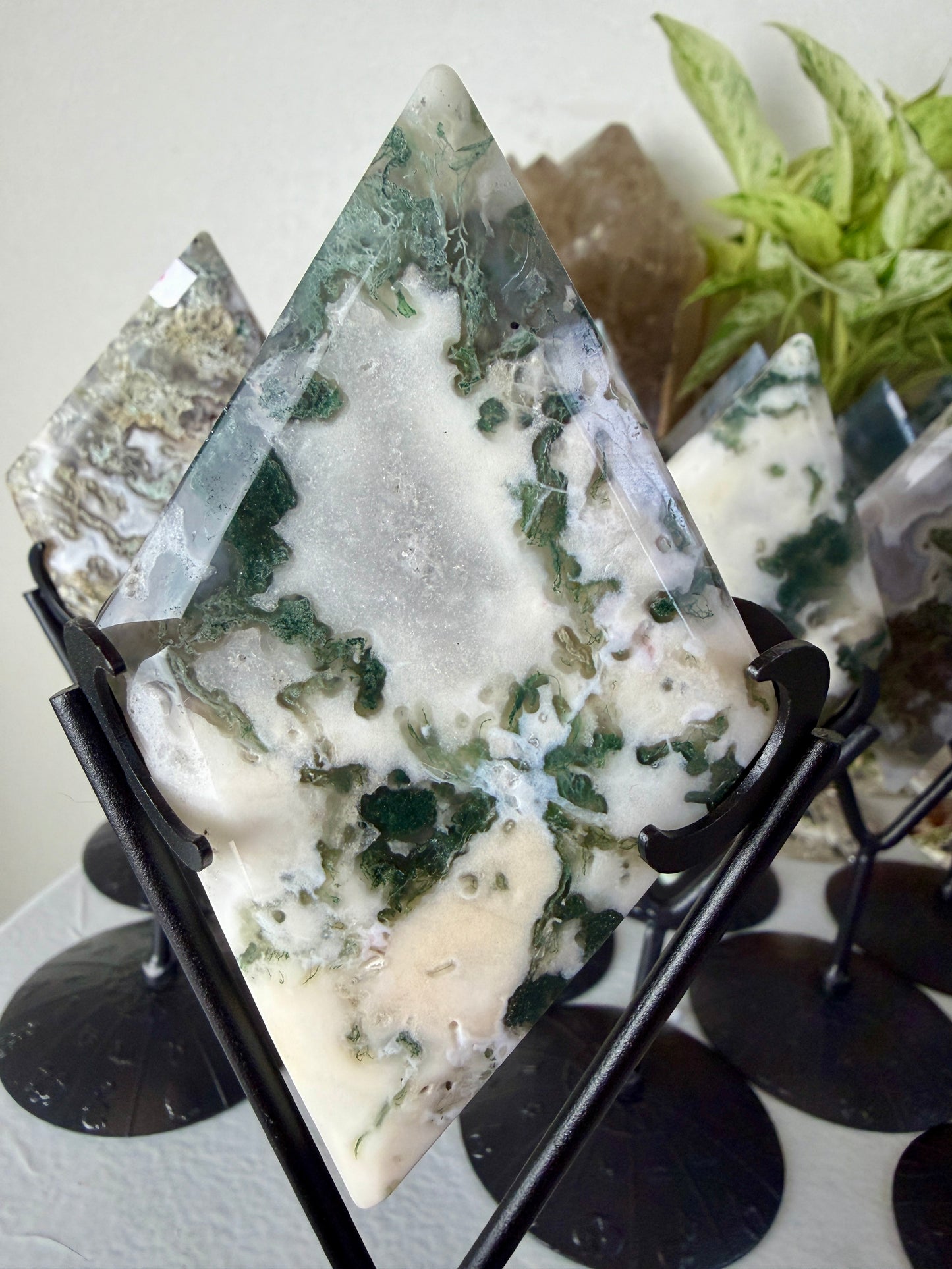 Moss Agate Rhombus with Stand - Imperfect