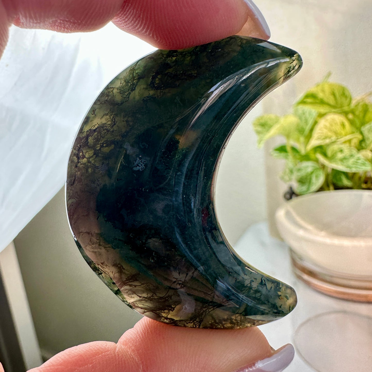 Moss Agate Crescent Moon — 2 Inches Tall
Earth Magic • Growth • Connection to Nature