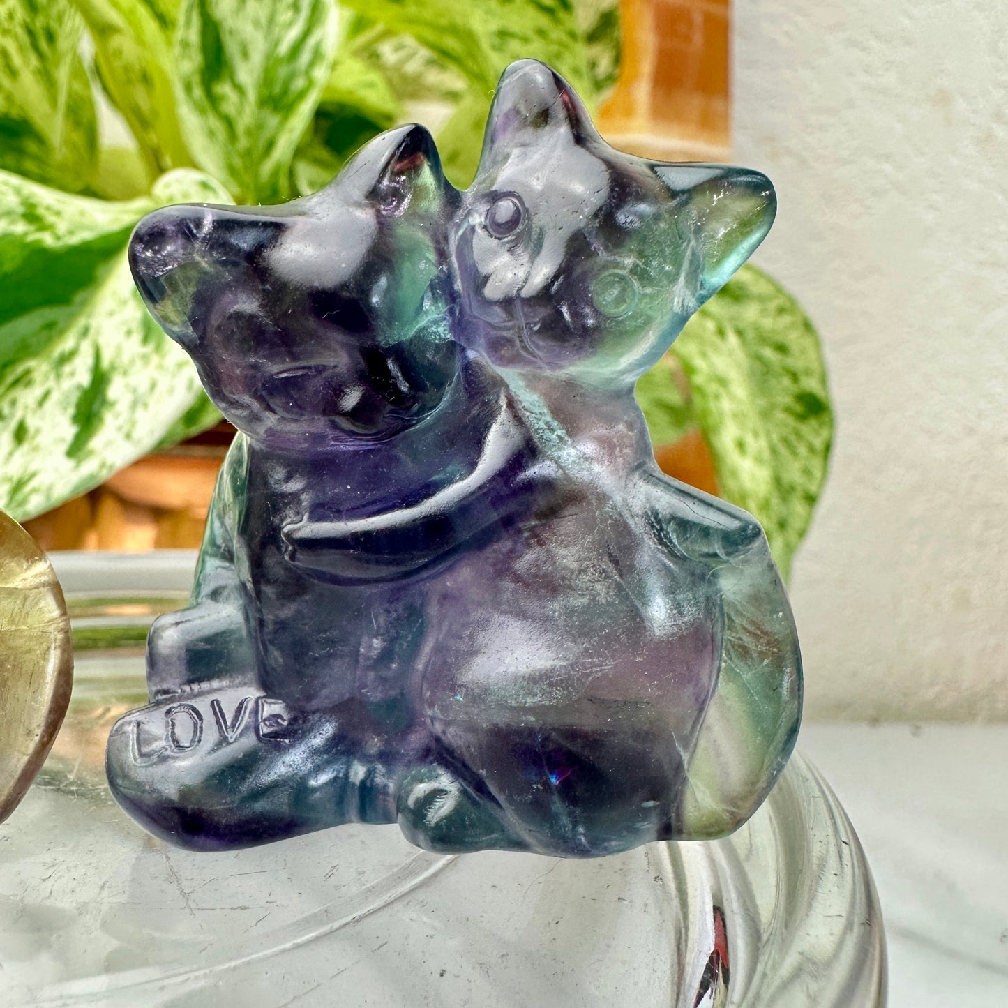 Fluorite Hugging Cats — 2 Inch “Love” Carving