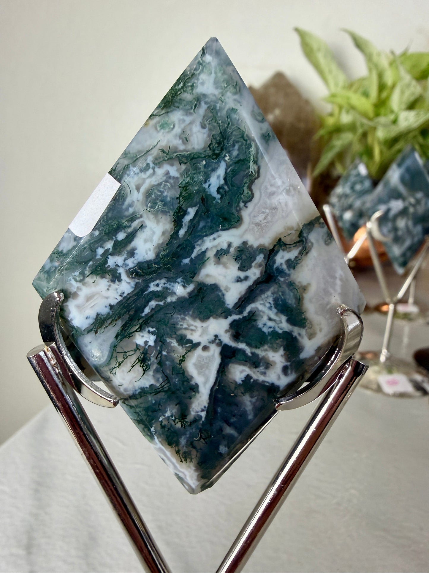 Moss Agate Rhombus with Stand - Imperfect