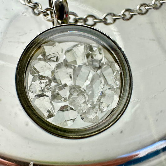 Herkimer Diamond Crystal Locket Necklace — Stainless Steel 19” Chain + 15mm Window Pendant ✨🔍