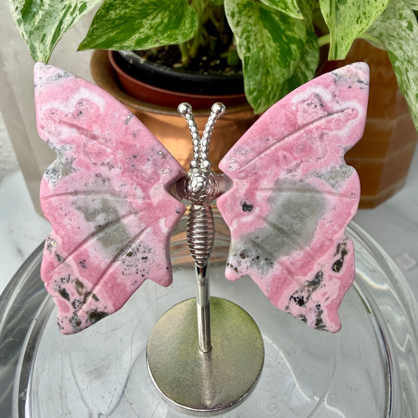 Crystal Butterfly Wings on Stand – Rhodonite & Pink Agate (1.9” Tall Wings)