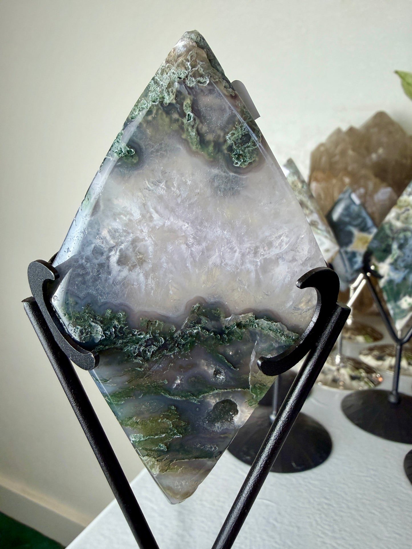 Moss Agate Rhombus with Stand - Imperfect