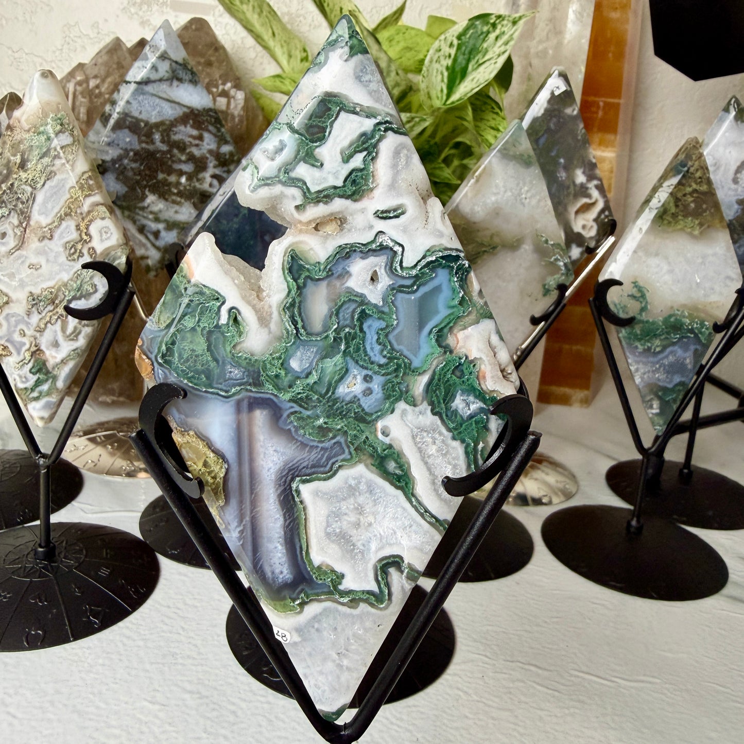 Moss Agate Rhombus with Stand - Imperfect
