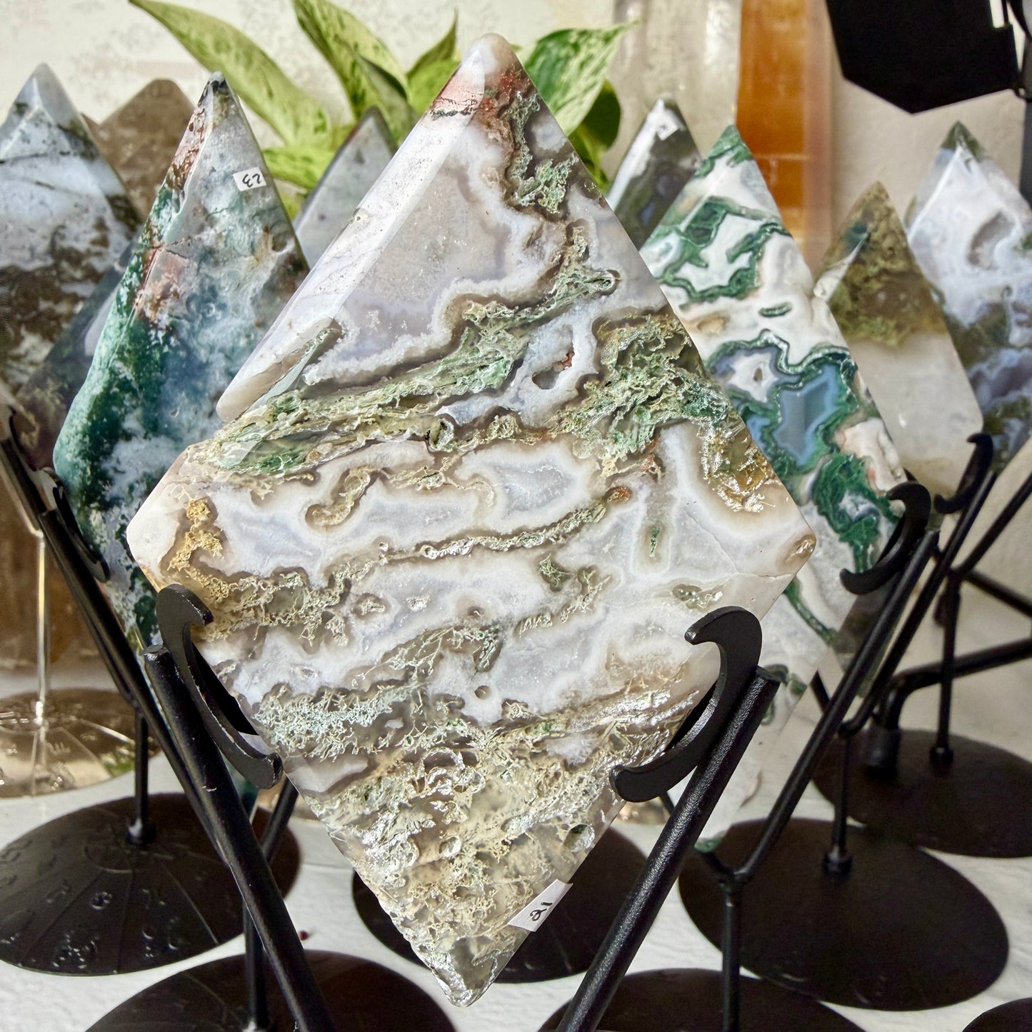 Moss Agate Rhombus with Stand - Imperfect