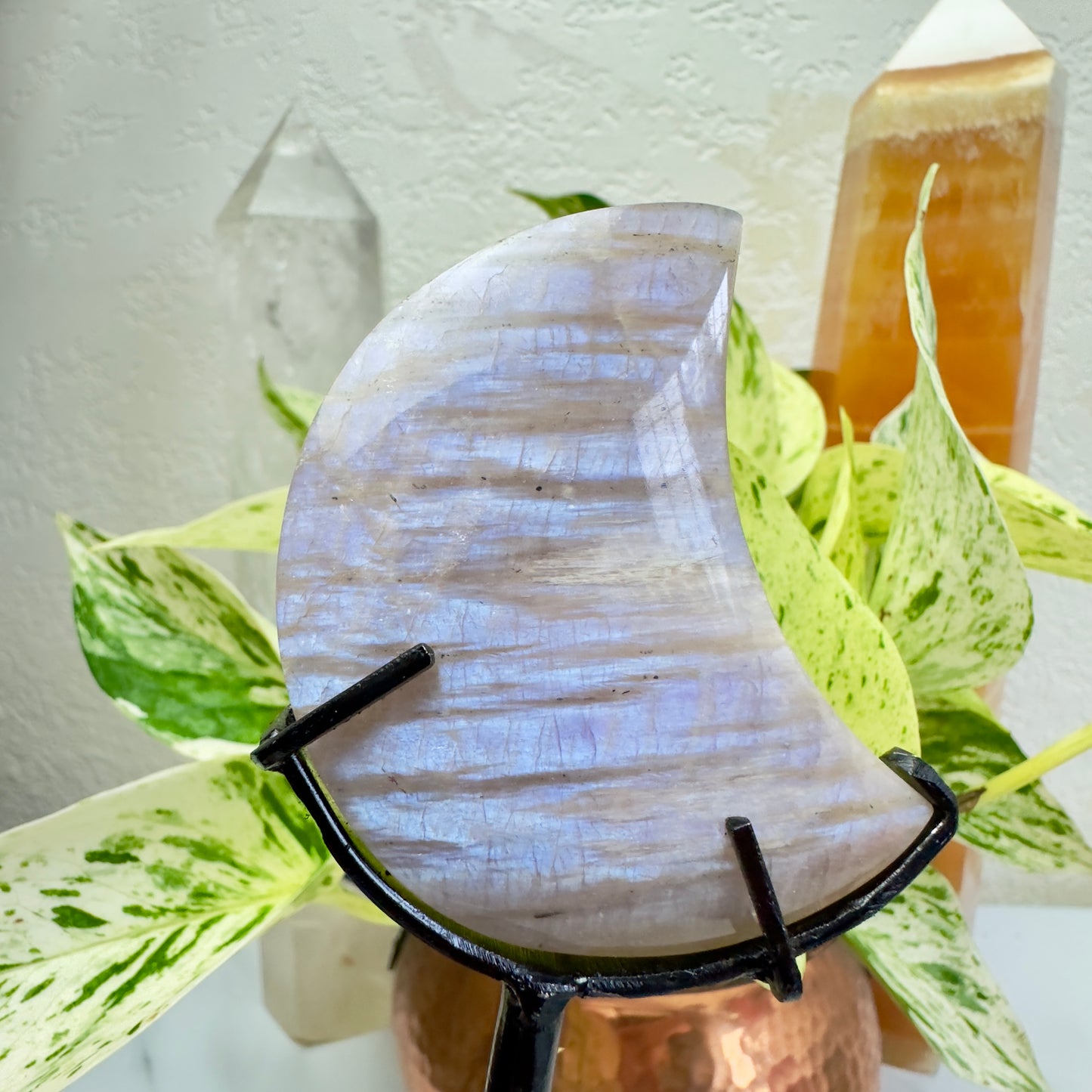 Belomorite Moonstone Crystal Crescent Moons - Custom Stands Included