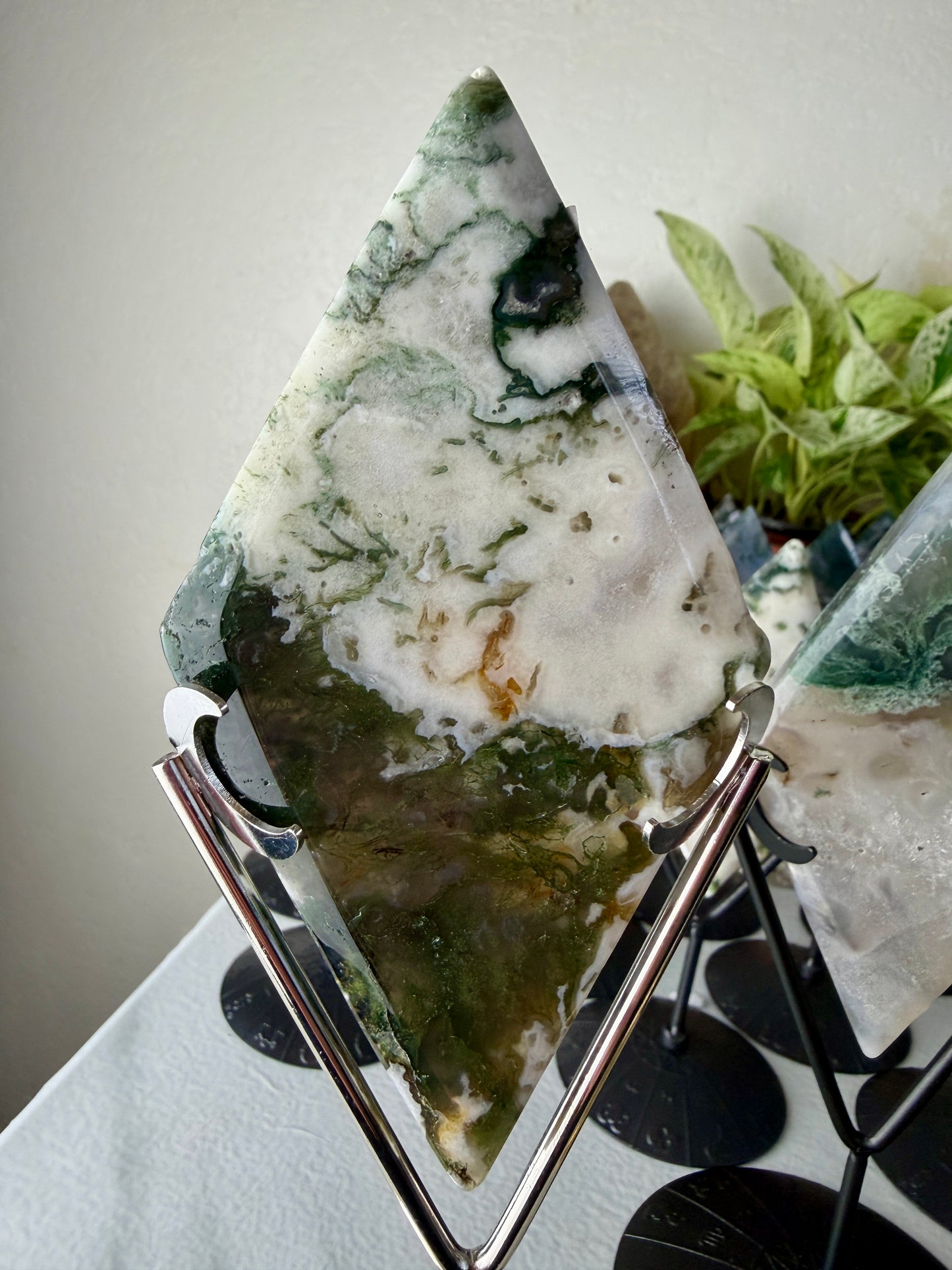 Moss Agate Rhombus with Stand - Imperfect
