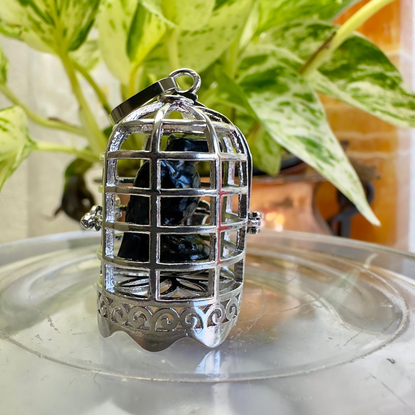 Bird Cage Pendant with Crystal Raven - 1.2 inch - Copper