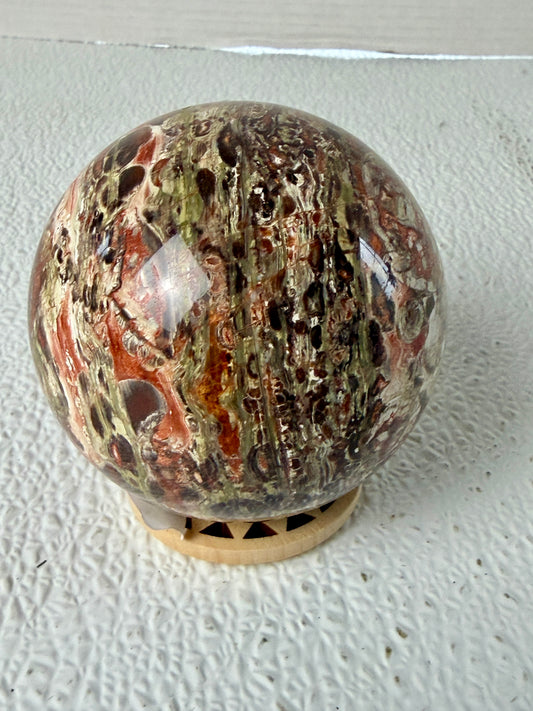 Natural Money Agate Sphere (674g) – Statement Orbicular Crystal Ball with Red Jasper Accents