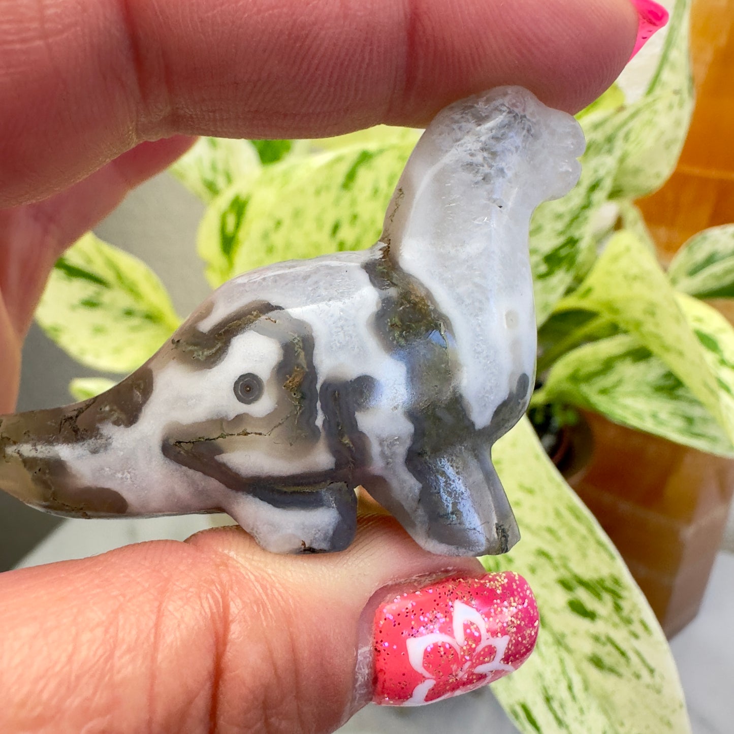 Moss Agate Long Neck Dino - Katie's Mystic Crystals