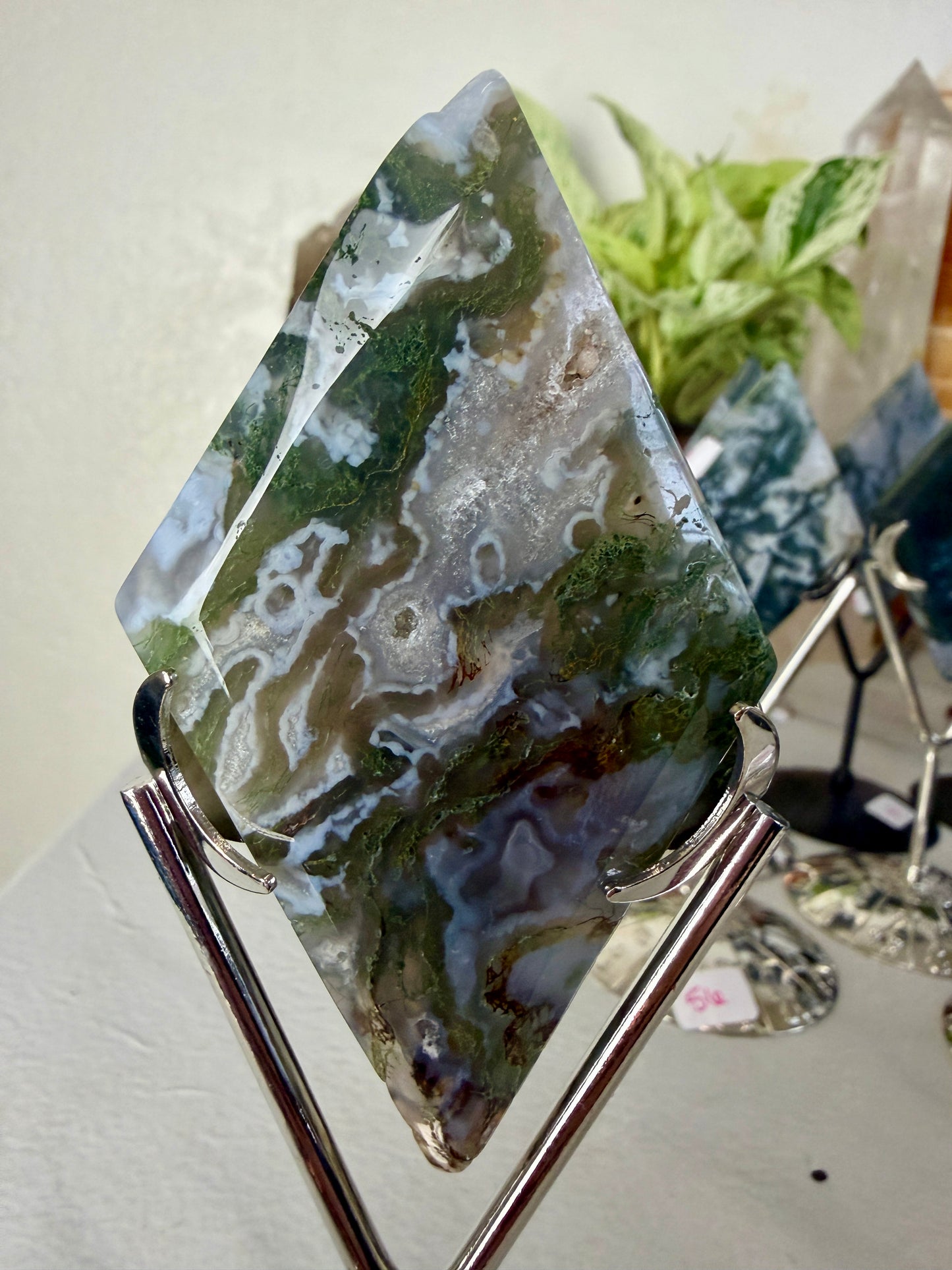 Moss Agate Rhombus with Stand - Imperfect