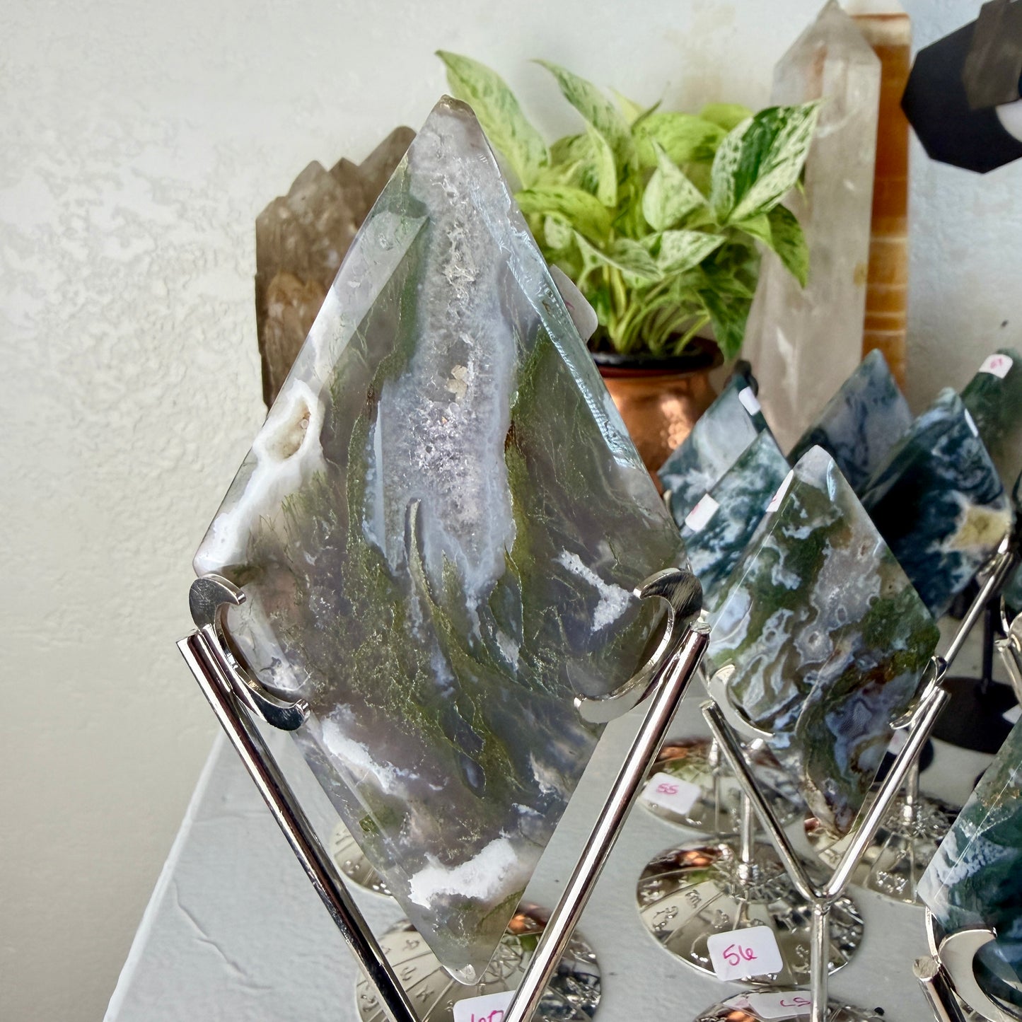 Moss Agate Rhombus with Stand - Imperfect