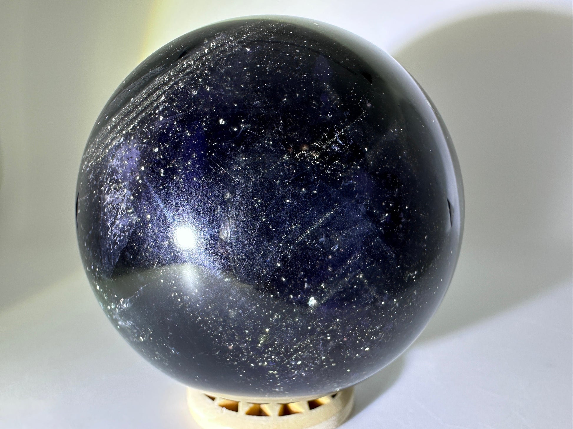 Pretty Pyrite in Fluorite Sphere 67mm (E) Pyrite in Fluorite, Fluorite with Pyrite, Fluorite Pyrite Sphere, Pyrite Sphere, Fluorite Sphere - Katie's Mystic Crystals